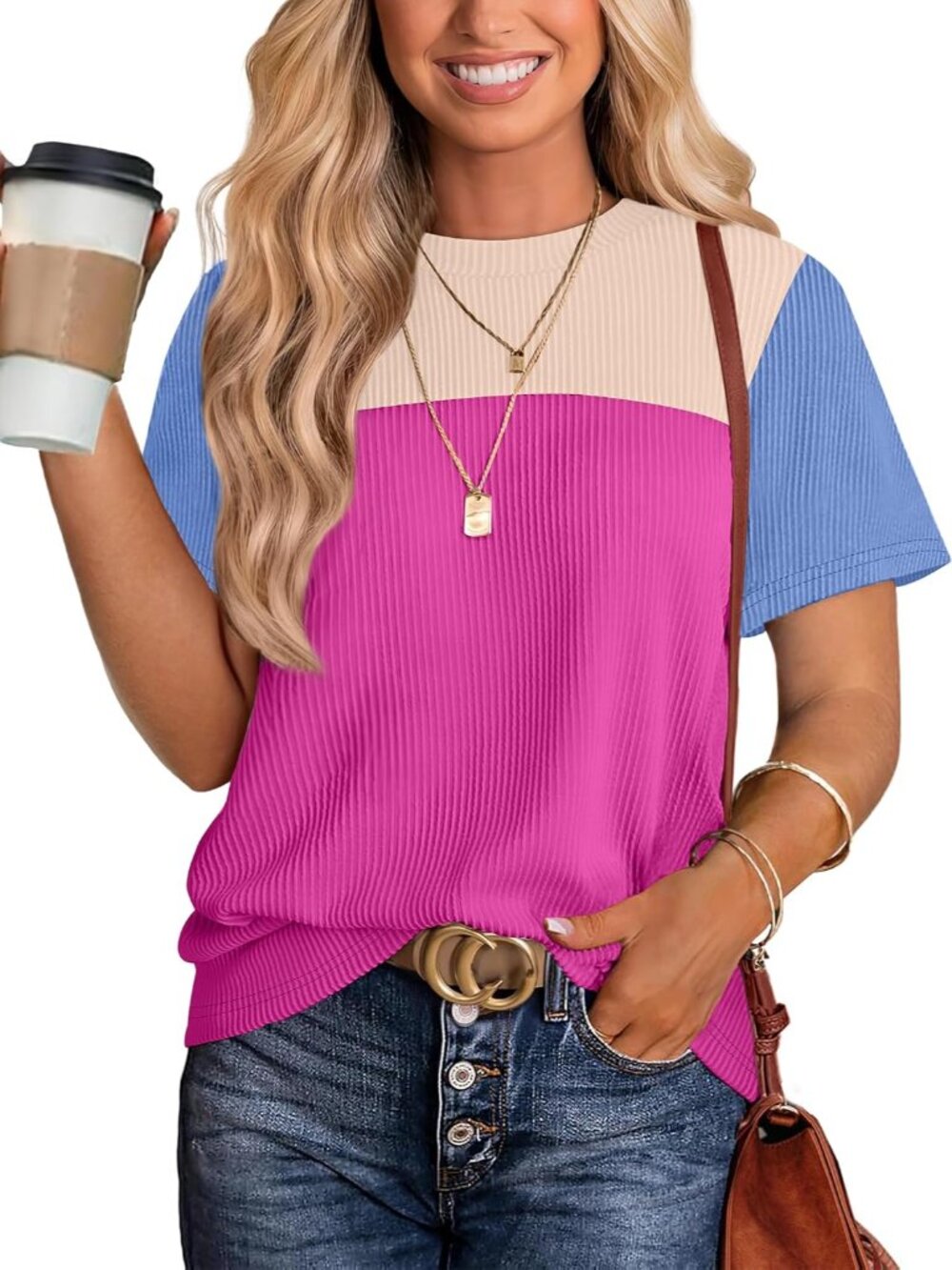 Womens Fashion 2026 Color Block Shirts Short Sleeve Knitted Summer Fall Tops Cas - Picture 1 of 4